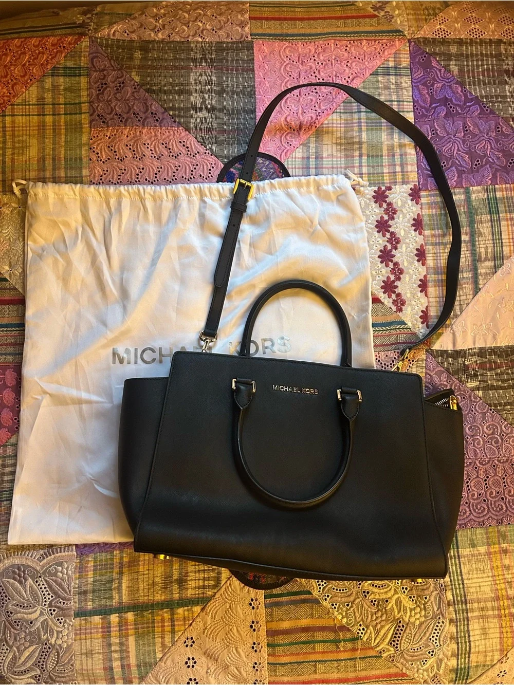 Michael Kors Black Leather Satchel with Gold Hardware